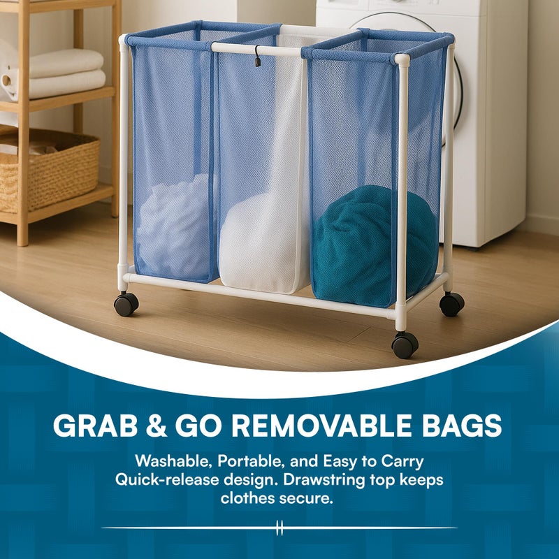 Honey Can Do Honey-Can-Do HMP-01629 3 bag mesh laundry sorter, 30.5" x 15.3" x 30" , Blue/White - Image 5